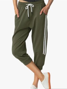 Women’s Olive Green Drawstring Capris with Side Stripes